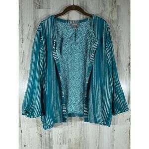 Chicos Cardigan Size 3 or XL Teal Green Striped Pattern Mesh Overlay Lined Open‎